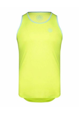 Canotta giallo neon con rifiniture azzurro chiaro. Presenta una scollatura arrotondata e un logo sul petto. Tessuto leggero e liscio. Vestibilità regolare.
