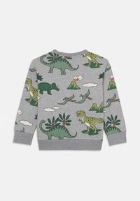 Grauer Pullover mit bunten Dinosaurier-Illustrationen, darunter Triceratops, T-rex und Palmen, mit rundem Ausschnitt und langen Ärmeln.