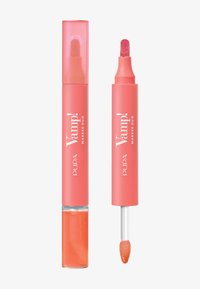 Dúo de productos para labios que incluye un marcador color coral rosa y un brillo labial brillante. Ambos tienen tubos cilíndricos y elegantes con la marca en texto blanco.