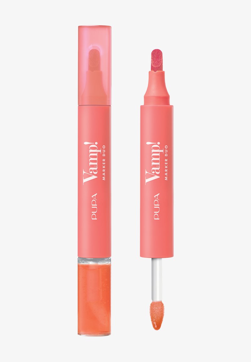Dúo de productos para labios que incluye un marcador color coral rosa y un brillo labial brillante. Ambos tienen tubos cilíndricos y elegantes con la marca en texto blanco.
