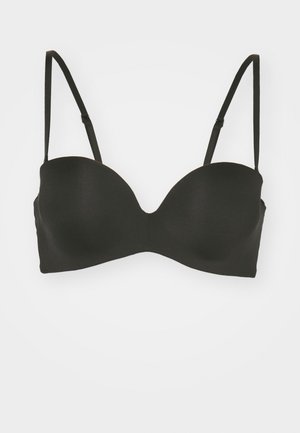 Soutien-gorge noir rembourré avec des bretelles ajustables. Texture lisse et design sans couture. Support avec armatures et décolleté en forme de cœur.