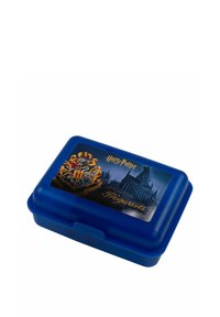 Blauer Kunststoff-Brotdose mit einem Hogwarts-Schlossdesign auf dem Deckel, versehen mit dem Text "Harry Potter" und einem Hogwarts-Wappen in Gold und Schwarz.