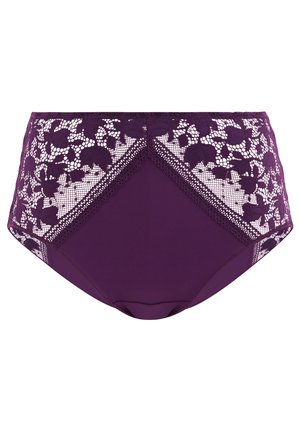 Lila Damenunterwäsche mit hohem Bund, verziert mit floralen Spitzeneinsätzen und einem blickdichten Stoff in der vorderen Mitte, dargestellt vor weißem Hintergrund.