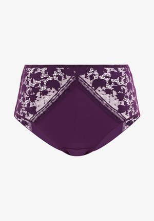 Lila Damenunterwäsche mit hohem Bund, verziert mit floralen Spitzeneinsätzen und einem blickdichten Stoff in der vorderen Mitte, dargestellt vor weißem Hintergrund.