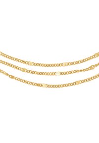 Collana a catena placcata in oro con quattro fili che presentano anelli alternati lisci e texture in un design piatto.