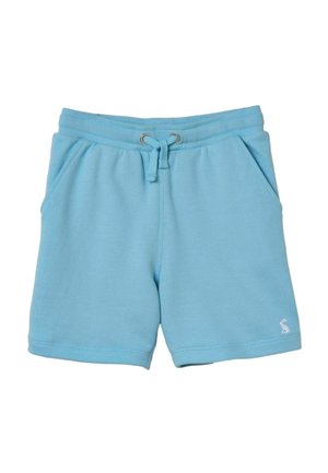 Short en coton bleu clair avec taille élastique, cordon de serrage, poches latérales et petit logo blanc sur la partie inférieure de la jambe gauche.