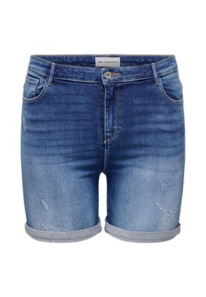 Șort din denim albastru cu tiv întors, detalii estompate și uzate, închidere frontală cu nasturi și fermoar, și stil cu cinci buzunare.