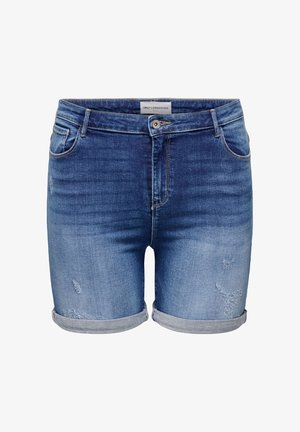 Pantalones cortos de mezclilla azul con dobladillo enrollado, detalles descoloridos y desgastados, cierre frontal con botón y cremallera, y diseño de cinco bolsillos.