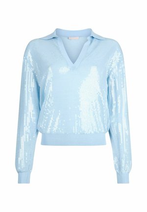 Világoskék, hosszú ujjú V-nyakú pulóver flitterekkel és gallérral, bordázott mandzsettákkal és derékrésszel.