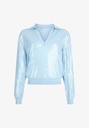 Gaiši zils, garām piedurknēm, V-veida kakla džemperis ar spīdumiem un apkakli, ar ribām uz manžetēm un apakšmala.