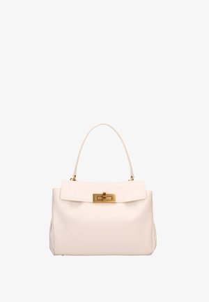 Borsa a tracolla bianca in pelle con una forma strutturata, un manico superiore singolo e un dettaglio di chiusura in tono oro sul fronte. Texture liscia e design minimalista.