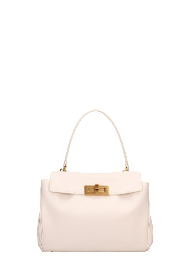 Borsa a tracolla bianca in pelle con una forma strutturata, un manico superiore singolo e un dettaglio di chiusura in tono oro sul fronte. Texture liscia e design minimalista.