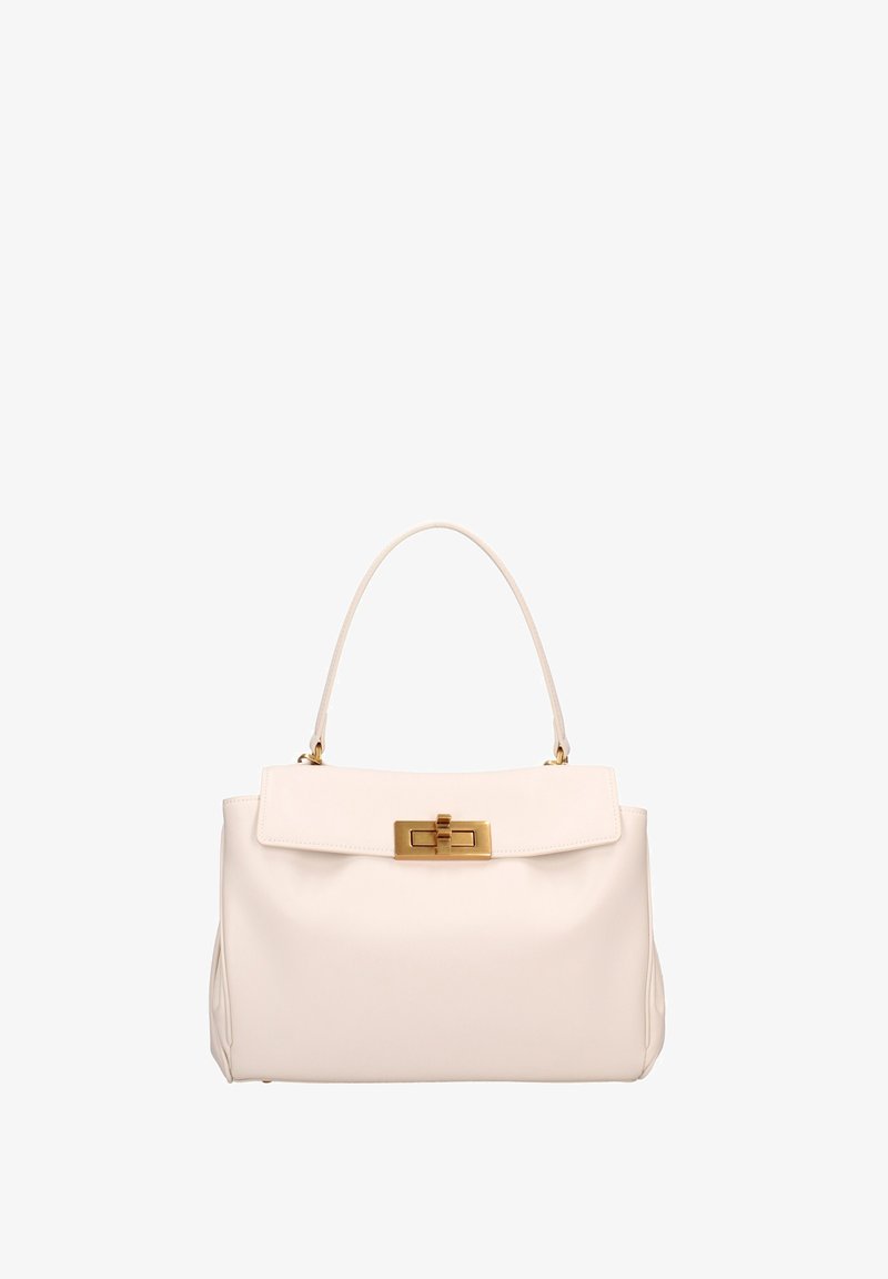 Witte leren handtas met een gestructureerde vorm, een enkele bovenhandgreep en een goudkleurige sluiting aan de voorkant. Gladde textuur en minimalistisch ontwerp.