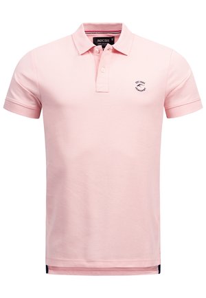 Polo shirt rosa chiaro in cotone. Presenta un colletto, una pattina con due bottoni e un piccolo logo blu navy sul petto. Maniche corte.