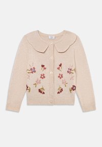 Lys beige cardigan med rund krage, fem knappelukkinger og blomsterbroderi i rosa, rødt og grønt over forsiden.
