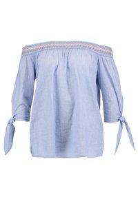 Helles blaues Off-Shoulder-Oberteil mit gerafftem Ausschnitt, 3/4-Ärmeln, die an den Bündchen gebunden sind, gefertigt aus einem leichten Stoff.