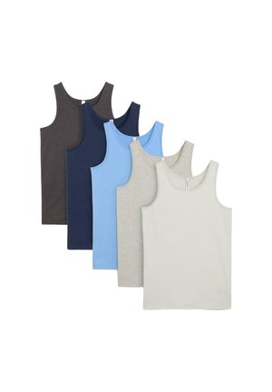 Ensemble de cinq débardeurs sans manches de couleurs variées : gris foncé, marine, bleu clair, gris et blanc. Matière en coton doux, coupe standard.