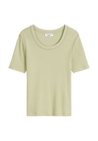 Lichtgroene geribde t-shirt met korte mouwen en een ronde halslijn. Bevat een gladde textuur en een getailleerd ontwerp.