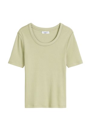 Helles grünes, geripptes kurzärmliges T-Shirt mit rundem Ausschnitt. Verfügt über eine glatte Textur und ein figurbetontes Design.