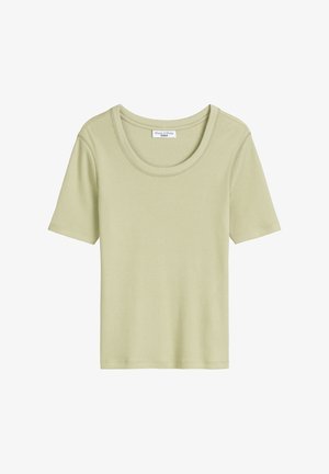 Jasnozielona, prążkowana koszulka z krótkim rękawem o okrągłym dekolcie. Posiada gładką strukturę i dopasowany krój.