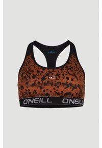Hnědý a černý leopardí potiskový sportovní podprsenka s širokým černým páskem obsahující logo "O'Neill." Design s racerback a hladkou texturou.