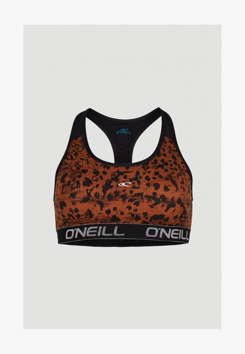 Hnědý a černý leopardí potiskový sportovní podprsenka s širokým černým páskem obsahující logo "O'Neill." Design s racerback a hladkou texturou.