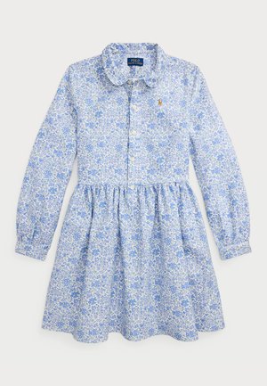 Blue floral dress featuring a collar, button-down front, and gathered waist. Long sleeves with buttoned cuffs. Subtle green accents in the pattern.
