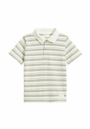 Kortærmet poloshirt med beige, grønne og lysebrune vandrette striber samt hvide krave på hvid baggrund.