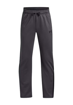 Pantalones deportivos gris oscuro con cintura elástica, cordón, bolsillos laterales y pequeño logo en la parte superior del muslo izquierdo.