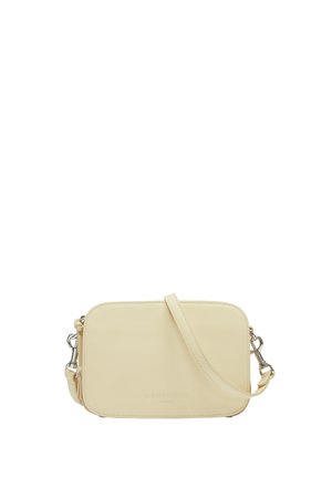 Crossbody bag in soft, light beige leather. Rectangular shape with a detachable strap and subtle embossed branding on the front.
