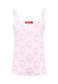 Weißes ärmelloses Oberteil mit einem rosa Damaskus-Muster, V-Ausschnitt und Rüschen an den Kanten der Träger. Rotes Markenetikett innen.