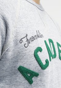 Felpa grigia con lettering in feltro verde che riporta "ACAD" e "Franklin", con scollo a girocollo e tessuto strutturato.