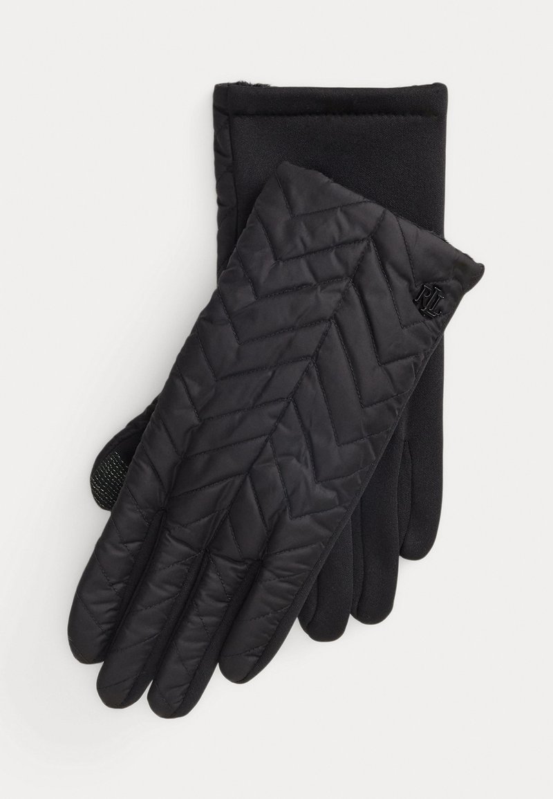 Luvas pretas com um design acolchoado no exterior, feitas de material suave com uma textura lisa e um sutil detalhe de logótipo.