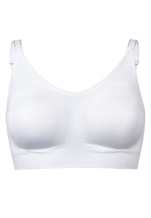 Weißer Sport-BH mit glatter Textur, breiten Trägern und subtilen Rippendetails in der Mitte. Verstellbare Beschläge an den Trägern.