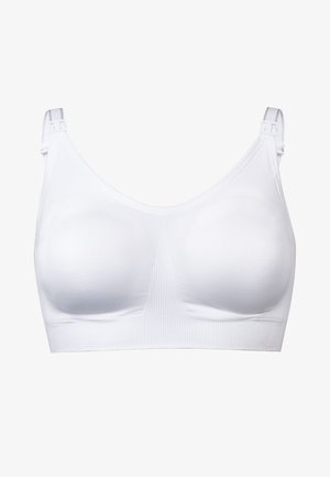 Weißer Sport-BH mit glatter Textur, breiten Trägern und subtilen Rippendetails in der Mitte. Verstellbare Beschläge an den Trägern.