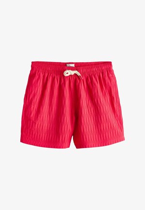 Helle rote Badeshorts mit strukturierten vertikalen Streifen, elastischem Bund und weißem Kordelzug vorne.