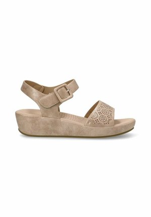 Sandalias de cuña beige con un diseño superior perforado, correa ajustable en el tobillo y plantillas texturizadas. Material suave con una suela cómoda.