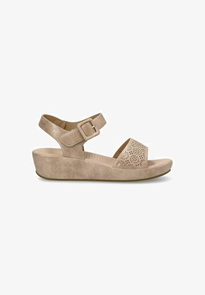 Sandalias de cuña beige con un diseño superior perforado, correa ajustable en el tobillo y plantillas texturizadas. Material suave con una suela cómoda.