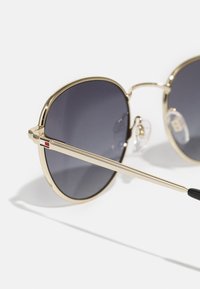 Gold metal sunglasses with dark gray lenses. Round frames with thin temples featuring small color accents on the hinges. Clear nose pads.