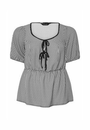 Black and white gingham blouse with a square neckline, short puff sleeves, adjustable tie detail at the front, and an elasticized waist.