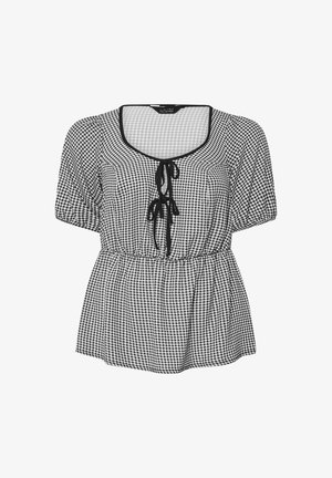 Sort-hvidt gingham-bluse med firkantet udskæring, korte puffærmer, justerbart bånddetalje foran og elastisk talje.