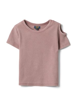 Rosa-rueschenbesetztes, kurzärmliges Top mit Rundhalsausschnitt und einem Cut-out auf der rechten Schulter, Größenschild sichtbar im Krageninnenteil.