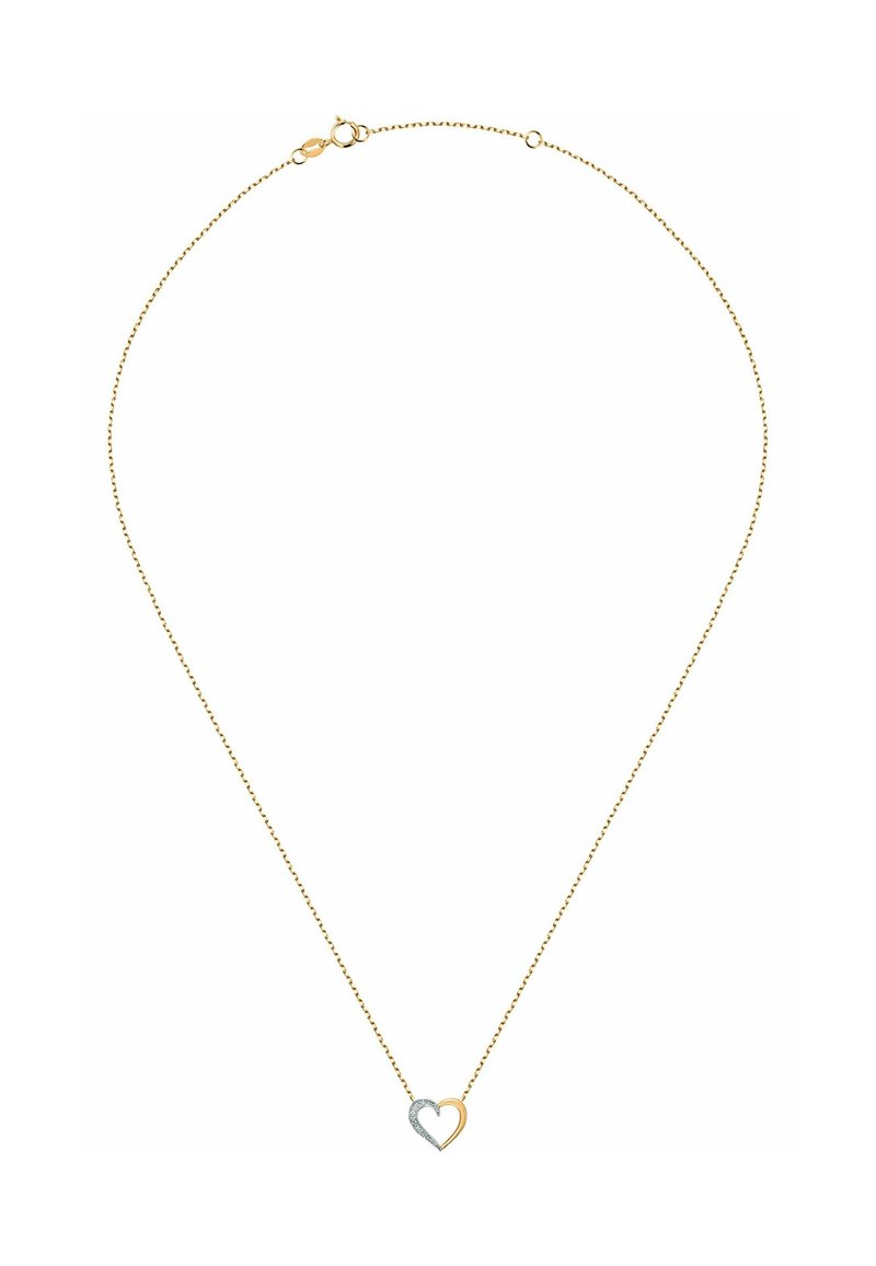 Goldene Kettenhalskette mit einem zweifarbigen Herzanhänger; Eine Hälfte ist silber, die andere Hälfte ist gold, mit einer glatten Textur und polierter Oberfläche.