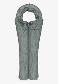 Chauffe-cou et poitrine rembourré vert avec fermeture éclair centrale et ouverture circulaire pour le cou, conçu pour une utilisation en extérieur.