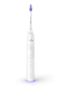 Philips Sonicare elektrische tandenborstel in het wit met een gebogen vorm, een zachte borstelkop, bedieningsknoppen en LED-indicatoren op de handgreep.
