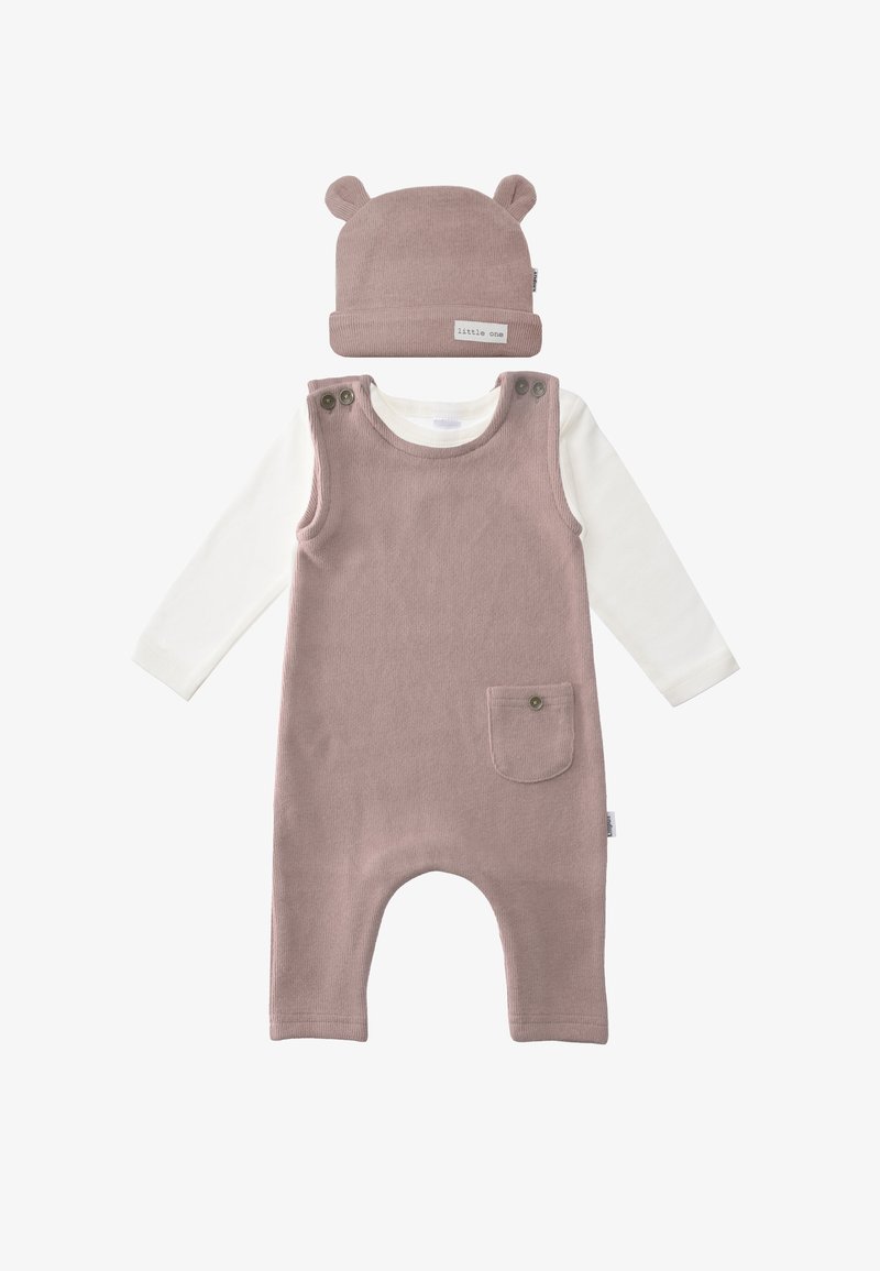 Two-piece baby outfit featuring a light pink corduroy overall with a pocket and snap buttons, paired with a white long-sleeve shirt and bear ears hat.