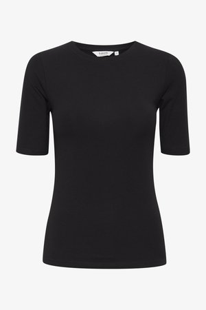 Črna kratka majica s kratkimi rokavi iz gladkega bombaža. Ima okrogel izrez in oprijeto silhueto brez vidnih šivov ali vzorcev.