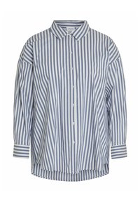 Camisa de botones a rayas en azul y blanco, con un cuello clásico, corte relajado y mangas largas con puños. Tejido suave y liso.