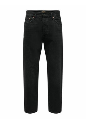 Jeans in denim nero a gamba dritta con chiusura frontale con bottone e zip, passanti per cintura e design a cinque tasche.