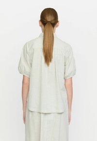 Camicia a righe verde pallido con maniche a sbuffo corte, colletto a punta e orlo dritto, vista da dietro.